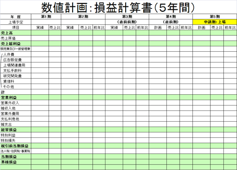 数値計画： 損益計算書（5年間）のフォーマット